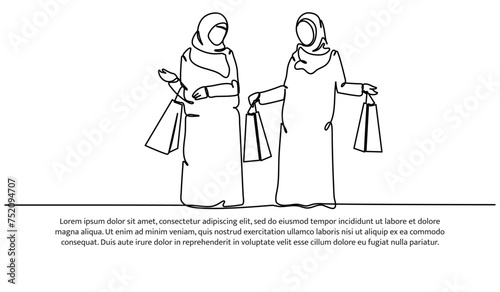 one continuous line of an Muslim women shopping together at an shop. for Islamic celebration promotion model.