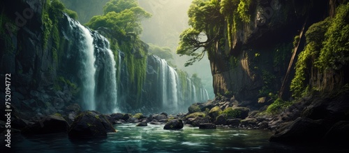 Serene Waterfall Cascading Through Lush Green Forest in a Nature Oasis