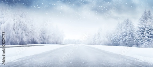 Tranquil Winter Scene: Empty Snow-Covered Road Flanked by Trees in a Snowstorm © vxnaghiyev
