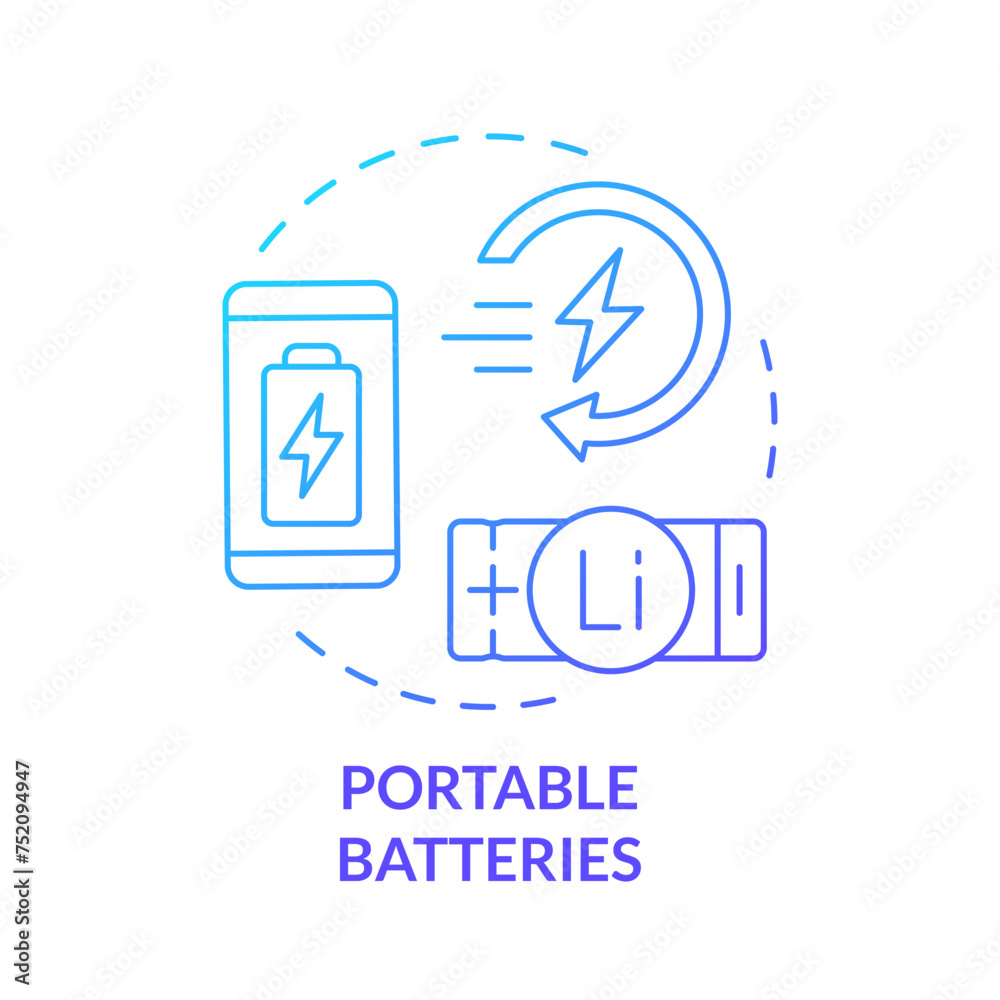 Portable batteries blue gradient concept icon. Consumer electronics. Lithium revolution, fast charging. Round shape line illustration. Abstract idea. Graphic design. Easy to use in brochure, booklet Portable batteries blue gradient concept icon. Consumer electronics. Lithium revolution, fast charging. Round shape line illustration. Abstract idea. Graphic design. Easy to use in brochure, booklet