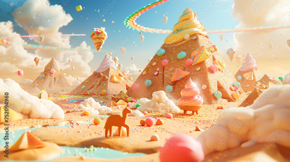A dreamy 3D cartoon scene with a land of dessert pyramids  an oasis of soda  and camels made of marzipan under a sky with comet trails of sprinkles - obrazy, fototapety, plakaty 
