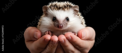 Captivating African Pygmy Hedgehog Curiously Explores Its Owner's Hand photo