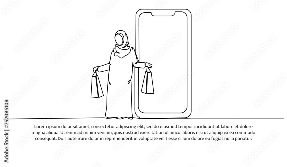One continuous line of an muslim woman shopping at an online shop shop for Islamic celebration promotion model. One continuous line of an muslim woman shopping at an online shop shop for Islamic celebration promotion model.