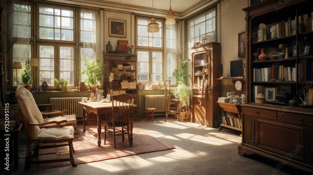 Retro living room design with old television, cabinet and radio along with work area