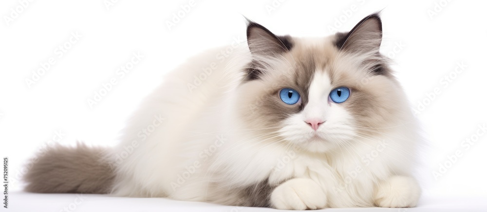Majestic Blue-Eyed Ragdoll Cat Relaxing Gracefully on White Background