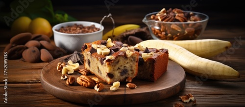 Scrumptious Banana Cake with Chocolate and Nuts Served on Rustic Wooden Plate