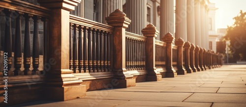 Serene Wooden Railings Enclosing a Pathway on a Lush City Sidewalk