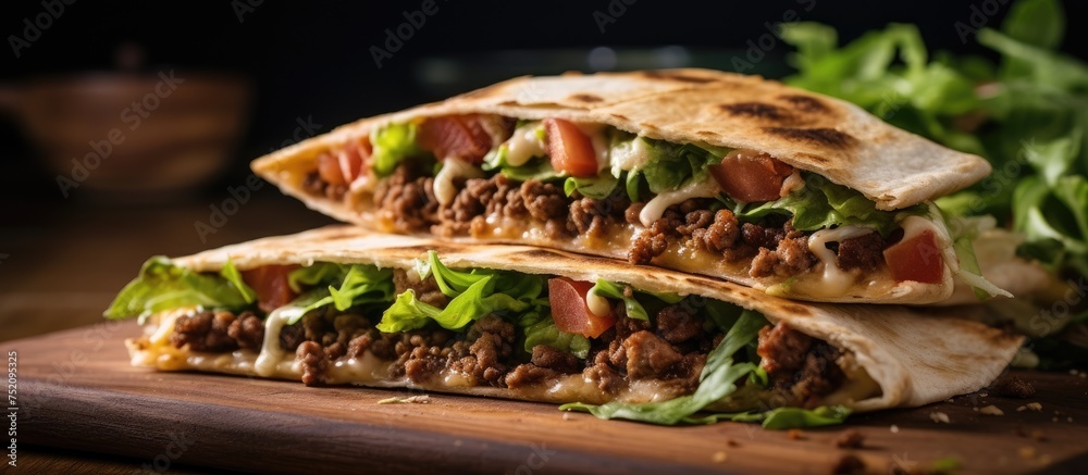 Tasty Homemade Crunch Wrap Taco with Fresh Ingredients on a Wooden Cutting Board - obrazy, fototapety, plakaty 