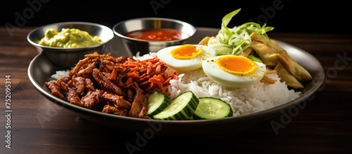 Decadent Nasi Lemak Platter with Coconut Rice, Sambal, Anchovies, and Cucumber