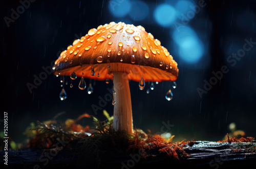 Mushroom. Fantasy Glowing Mushrooms in mystery dark forest close-up. Beautiful macro shot of magic mushroom, fungus. Magic light.