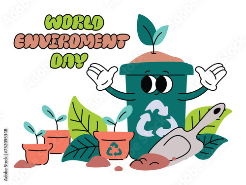 World Environment day concept background vector. Save the earth, recycle bin, plant groovy style. Eco friendly illustration design for web, banner, campaign, social media post.