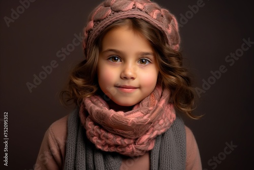 Portrait of a cute little girl in a knitted hat and scarf. Winter fashion.