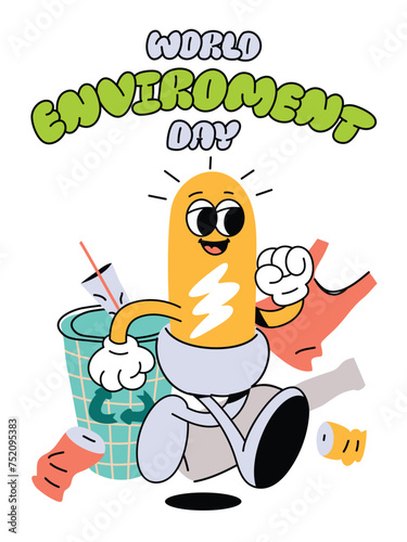 World Environment day concept background vector. Save the earth, recycle bin, lamp, bottle groovy style. Eco friendly illustration design for web, banner, campaign, social media post.