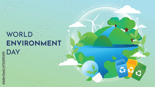 World Environment day concept background vector. Save the earth, globe, recycle bin, tree, windmill. Eco friendly illustration design for web, banner, campaign, social media post.