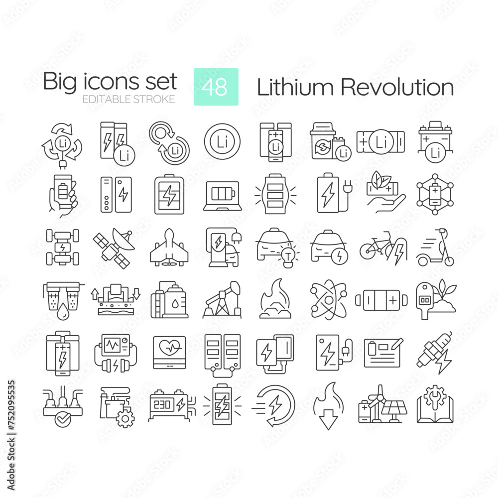 Lithium revolution linear icons set. Advanced battery systems. Aerospace power supply. Energy transition. Customizable thin line symbols. Isolated vector outline illustrations. Editable stroke