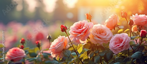 Exquisite Pink Roses Blossoming in the Summer Park, Creating a Stunning Natural Background for Design photo