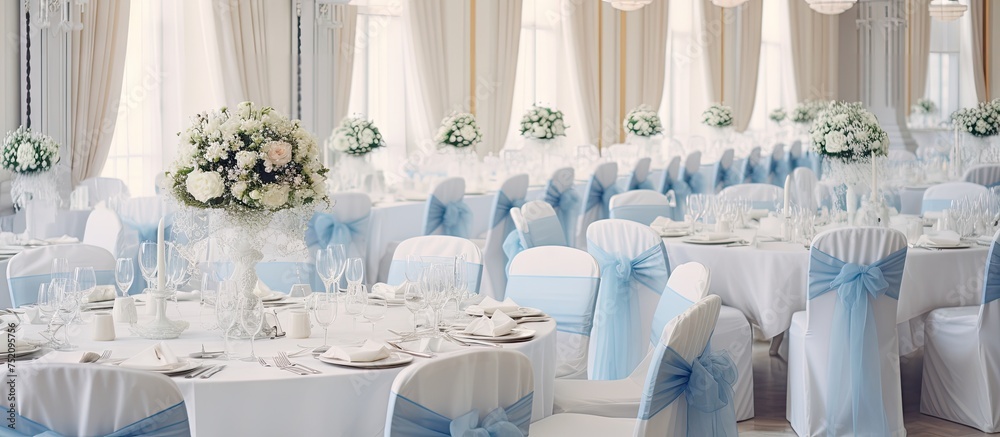 Elegant Wedding Banquet Hall Set with Blue and White Table Cloths and Chairs