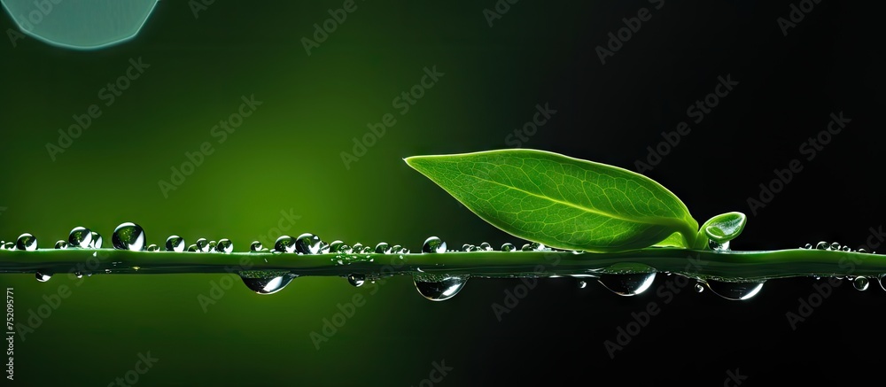 Serenity of Nature: A Green Leaf Drips Water on Tranquil Surface