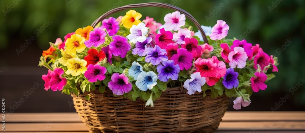 A Colorful Basket of Petunias Adorns a Rustic Wooden Table in a Charming Outdoor Display