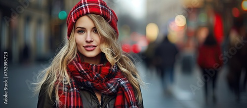 Stylish Woman in Red Checke...