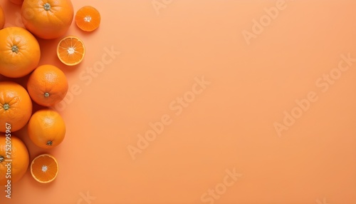 Some oranges and tangerines on the side of an orange background, free space on the right side