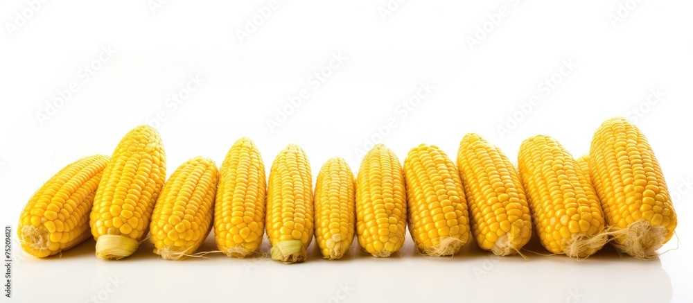 Freshly Harvested Corn on the Cob Arranged Neatly on a Clean White Background Freshly Harvested Corn on the Cob Arranged Neatly on a Clean White Background