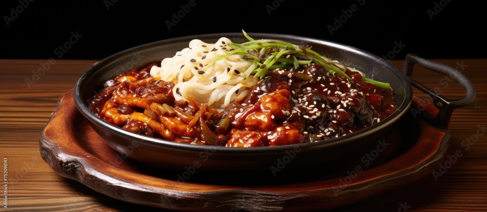 Savory Korean Noodle Dish with Fermented Black Bean Sauce Served in a Traditional Wooden Bowl Savory Korean Noodle Dish with Fermented Black Bean Sauce Served in a Traditional Wooden Bowl