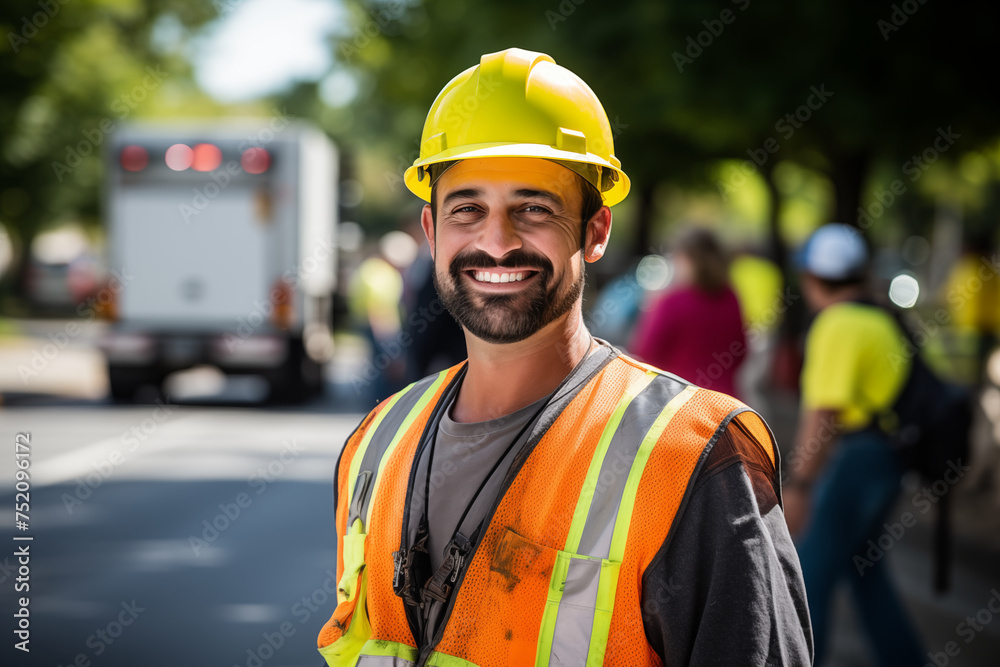 Men public works worker smiling at work. Working man. Public works job offer. AI. Men public works worker smiling at work. Working man. Public works job offer. AI.