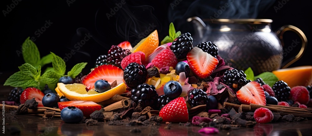Vibrant Tea Time Spread with Fresh Berries and Aromatic Herbs in Colorful Bowl