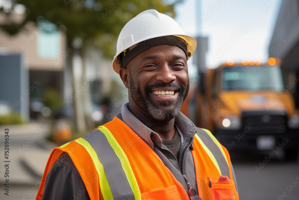 Men public works worker smiling at work. Working man. Public works job offer. Afro american man. Black man. AI. Men public works worker smiling at work. Working man. Public works job offer. Afro american man. Black man. AI.