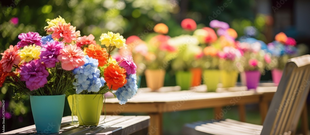 Lively Floral Display Adorns Wooden Table in a Vibrant Garden Setting Lively Floral Display Adorns Wooden Table in a Vibrant Garden Setting