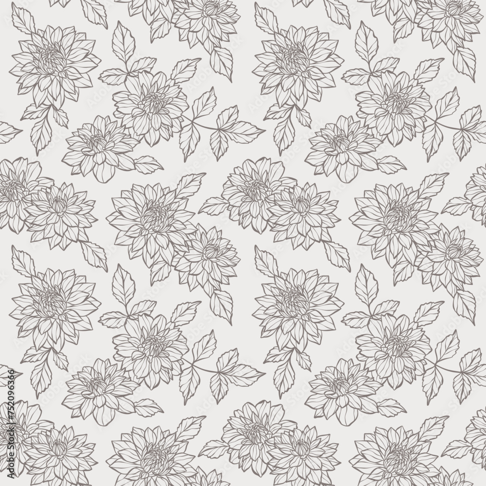 Seamless pattern, vintage dahlia floral vector repeat backgorund with hand drawn illustrations, elegant print