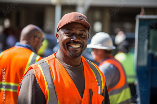 Men public works worker smiling at work. Working man. Public works job offer. Afro american man. Black man. AI.