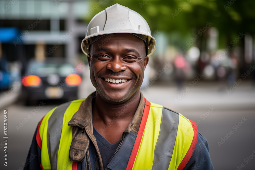 Men public works worker smiling at work. Working man. Public works job offer. Afro american man. Black man. AI. Men public works worker smiling at work. Working man. Public works job offer. Afro american man. Black man. AI.