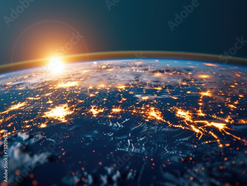 Dynamic 3D Tech Globe Illustrating Global Connectivity. Contemporary Business and Technological Advancements. Satellite-based Internet Connectivity. AI Integration.