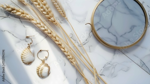 Minimal fashion composition with golden earrings in seashell on marble table with mirror and wheat stalks. Flat lay, top view bijouterie / jewelry concept on mosaic tile background