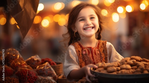 Joyful Young Girl with Golden Balloons at Market. Generative ai