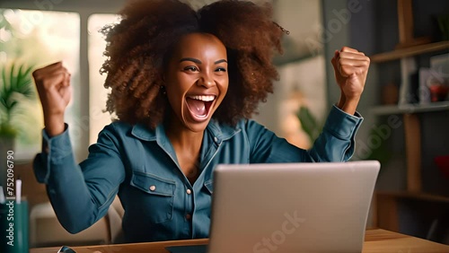 Ecstatic African American woman celebrates online job success.generative ai photo