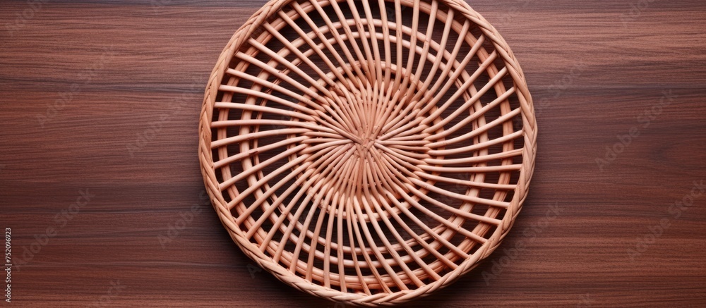 Detailed Top View of Intricately Designed Rattan Round Placemat in Traditional Basket Weaving Craft