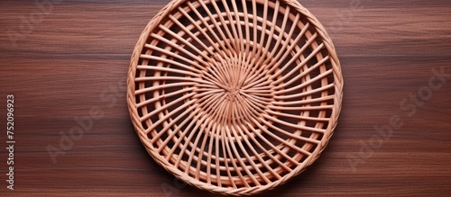 Detailed Top View of Intricately Designed Rattan Round Placemat in Traditional Basket Weaving Craft