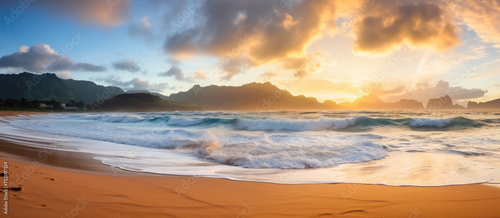 Serene Sunrise Scene: Waves Crashing on Beautiful Beach with Volcanic Clouds Reflecting Sun