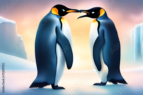 King penguin mating couple cuddling in wild nature  snow and ice. Pair two penguins making love