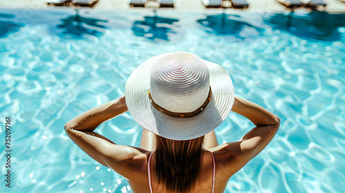 Femme en maillot de bain avec un chapeau dans la piscine, vue de dos