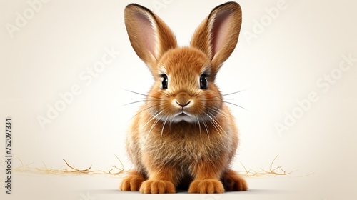 Close-up portrait of cute brown baby rabbit isolated on white background. Realistic Easter Bunny photo