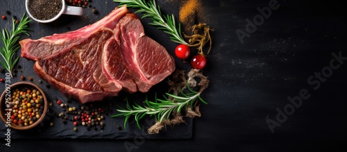 Succulent T-Bone or Porterhouse Steak on Slate Board with Seasonings and Herbs