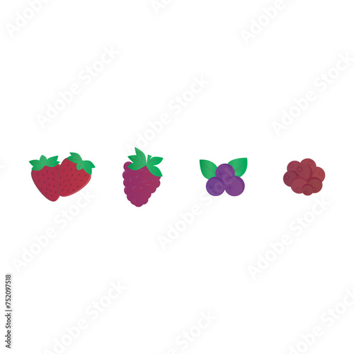 Set of 4 colorful berry (blueberry, strawberry, raspberry) icons, simple vector cartoon style illustration elements for product or web design.