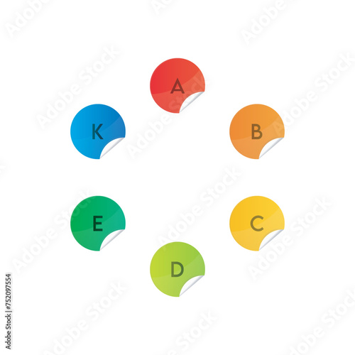Set of 6 colorful vitamin icons - A, D, E, C, K and group B vitamins - simple icon illustration, graphic element for products, supplements, web design and more.