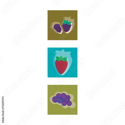 Set of 3 colorful berry (Blackberry, strawberry, blueberry) icons, simple vector cartoon style illustration elements for product or web design.