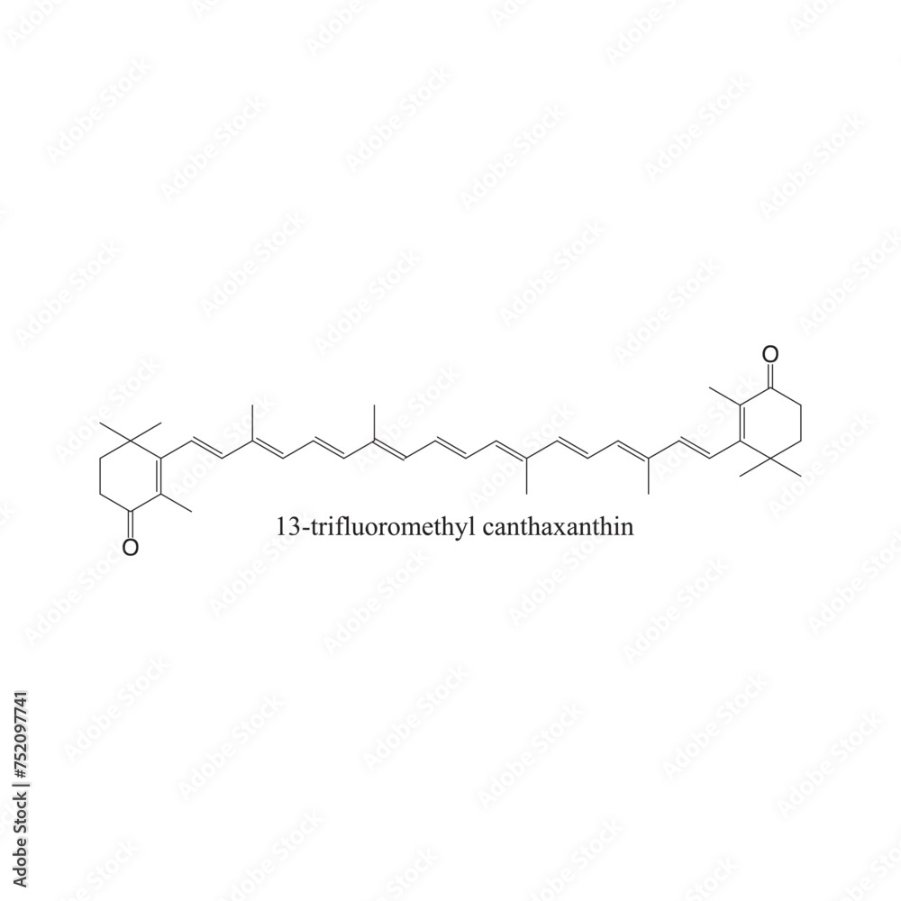 Naklejka premium 13-trifluoromethyl canthaxanthin skeletal structure diagram.Halogenated Carotenoid compound molecule scientific illustration on white background.