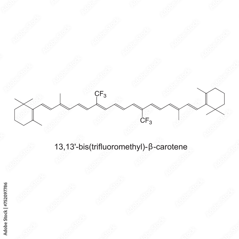 13,13'-bis(trifluoromethyl)--carotene skeletal structure diagram.Halogenated Carotenoid compound molecule scientific illustration on white background. - obrazy, fototapety, plakaty 